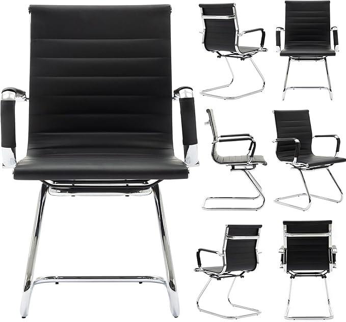 Wahson Office Guest Chairs Set of 2, Leather Reception Chairs, Mid Back Waiting Room Chair, Conference Chairs with Sled Base, Desk Chair No Wheels for Meeting/Lobby/Restroom, Black