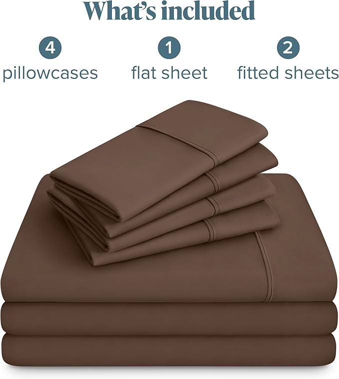 Bare Home Hotel Luxury Split King Sheet Set, Extra Soft - 7 Piece Set - Deep Pockets - Easy Fit - Cooling & Breathable - Wrinkle, Fade, Stain Resistant - Includes 4 Pillowcases (Split King, Cocoa)