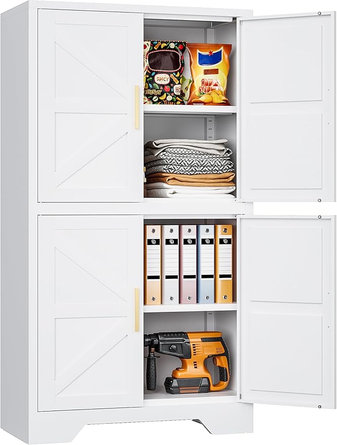 SISESOL White Storage Cabinet with 4 Doors and 2 Adjustable Shelves,Farmhouse Food Pantry Cabinets,Small Bathroom Cabinet,4 Tier Metal Storage Cabinets for Home Kitchen,Dining/Living/Laundry/Room | 4 Doors, 2 Adjustable Shelves, Farmhouse, Food Pantry ...