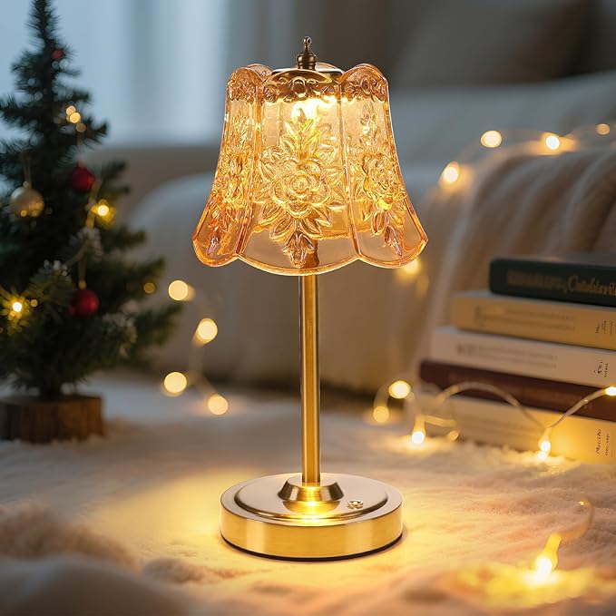 Small Table Lamp with 5200mAh Battery & Touch Control - 3 Adjustable Color Temperatures, Dimmable Rechargeable Table Lamps for Living Room, Bedroom, Bedside (Amber Rose)