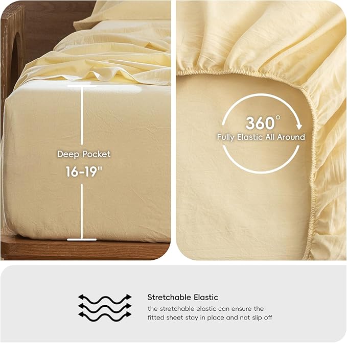 MooMee Bedding Sheet Set 100% Washed Cotton Linen Like Textured Breathable Durable Soft Comfy (Heathered Butter Yellow, Queen)