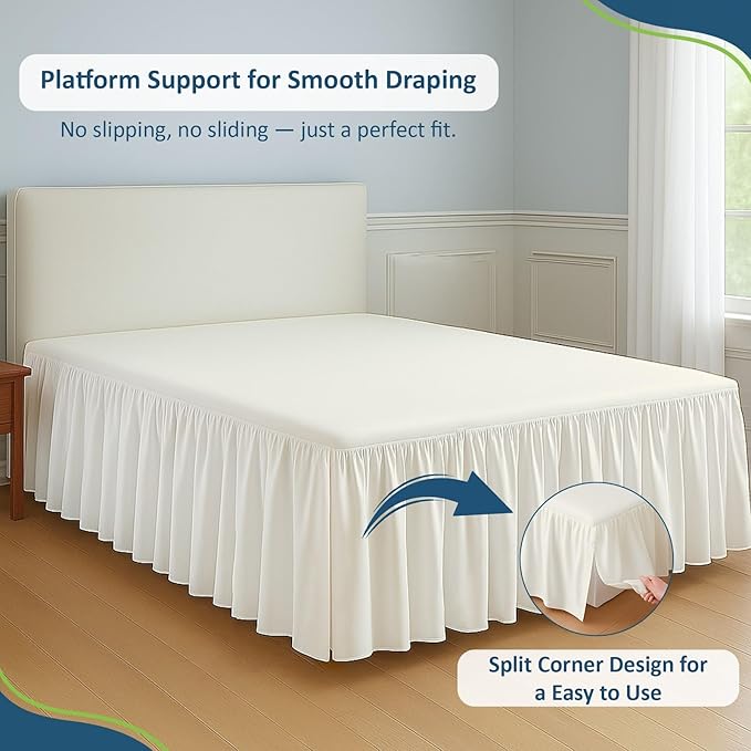 Rajlinen Ruffled Bed Skirt Twin XL, 18 Inch Drop Dust Ruffle with Split Corners, 100% Microfiber Bedskirt with Platform, Three-Sided Coverage Ruffled Gathering Design, Ivory