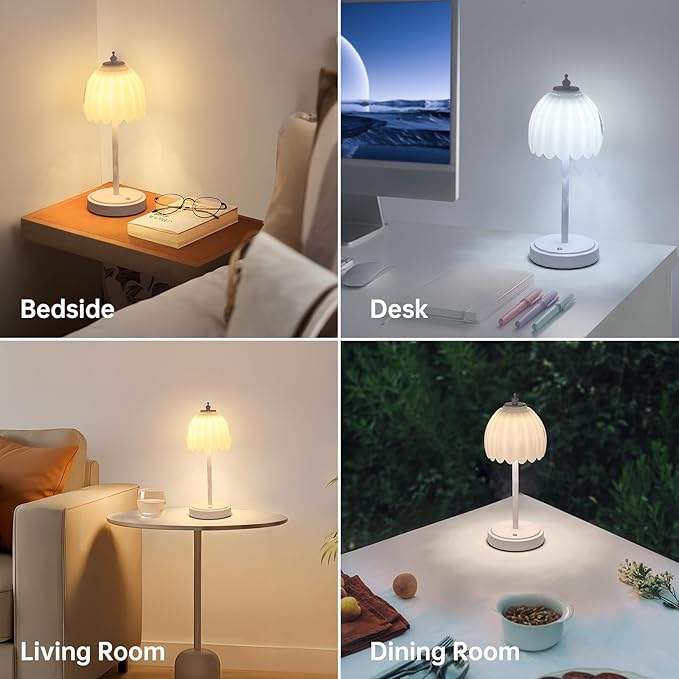 Tulip Table Lamp with 5200mAh Battery & Touch Control, Cordless Small Table Lamp with 3 Colors, Dimmable Rechargeable Table Lamps for Living Room, Bedroom, Bedside (White Tulip & White Base)
