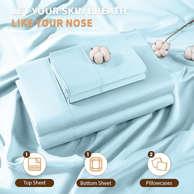 LBRO2M 100% Cotton Sheets Set Deep Pocket 19", 1000 Thread Count California King Size 4 Piece Bed Sheet Sets Soft Comfortable Bedding All Season (California King, Light Blue)