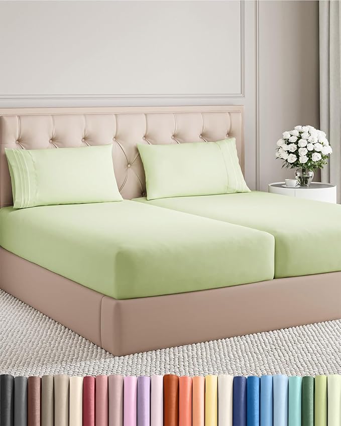 Split King Size 5 Piece Sheet Set - Comfy Breathable & Cooling Bed Sheets Set - Hotel Luxury Bedding for Women, Men, Kids, Teens, Boys & Girls - Deep Pockets and Wrinkle Free - Oeko-Tex - Light Sage