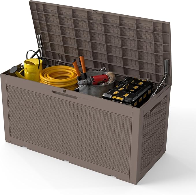 100 Gallon Outdoor Storage Box Waterproof, Resin Deck Boxes with Lockable Lid & UV-Resistant for Patio, Pool, Garden Furniture Cushions & Accessories, Coffee