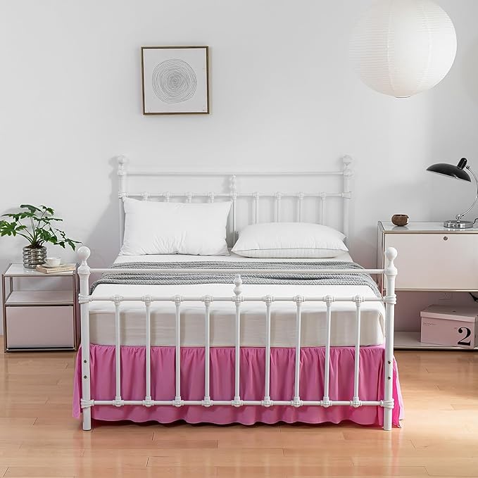 Bed Skirt King Size Ruffled Bed Skirts with Split Corners,14 Inch Drop Dust Ruffle Bed Skirt with Platform, 14 Inch Drop, Pink