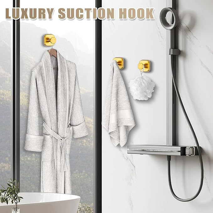 Suction Cup Hooks for Shower - Resuable Bathroom Hooks for Towels, Robes & Loofah - No-Drill Mounting on Kitchen,Walls,Metal,Glass,Mirrors,Tile & Smooth Non-Porous Surfaces (4, Brushed Gold)
