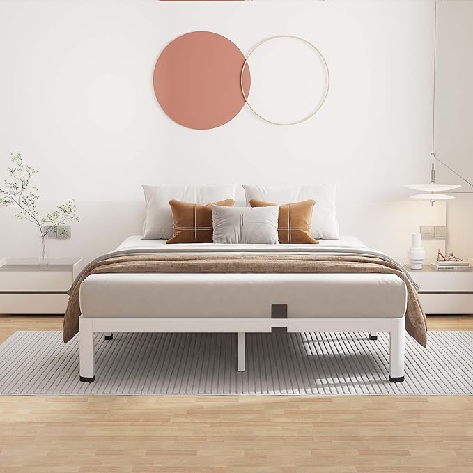 ROIL 10 Inch White Full Bed Frame with Rounded Corner and Mattress Retainers, 3500LBS Heavy Duty Steel Slats No Box Spring Needed Platform Noise-Free Easy Assembly