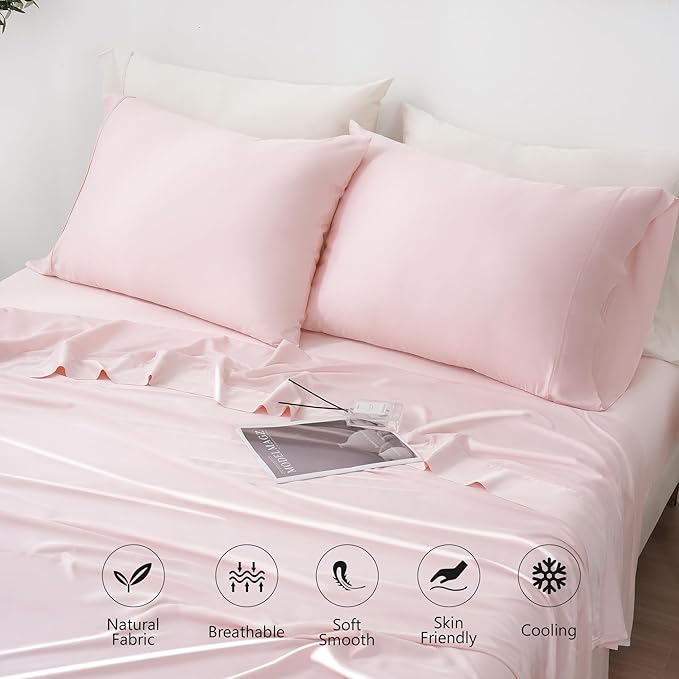 Linen World Queen Size 400TC Cooling Bed Sheet Set - 100% Organically Grown Viscose Sheets, Silky Soft & Breathable, Deep Pocket Fits Up to 16", 4-Piece Sheets with Pillowcases,Baby Pink