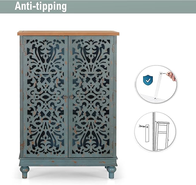 PHI VILLA Tall Accent Cabinet with Doors - Credenza for Living Room Farmhouse Storage Cabinet with Hollow Carved Door, 2 Door Accent Cabinets