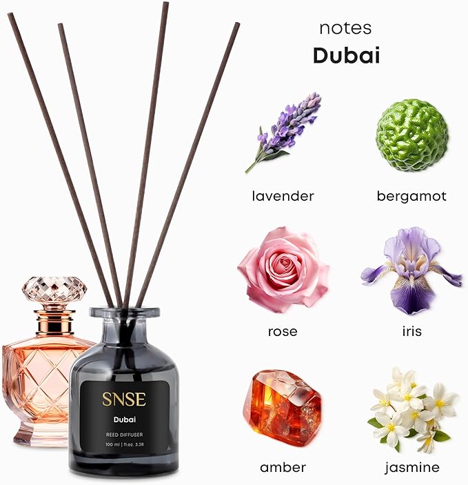 SNSE Dubai Perfumed Reed Diffuser Set - Premium Reed Diffusers for Home with Diffuser Reeds, Luxurious Gift Aroma, Sophisticated Scent, Ideal for Relaxation, Elegant Home Fragrance