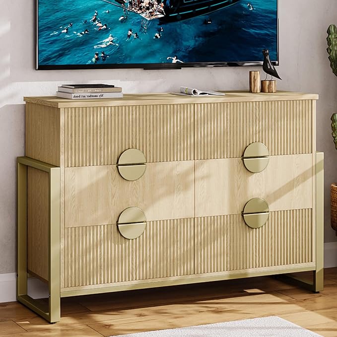 LGHM Fluted Dresser for Bedroom with 6 Drawers, 6 Drawer Dresser, 50" W Chest of Drawers Closet Organizers & Storage Clothes -Solid Semicylinder Fluted Drawers, Bold Reinforcement Metal Frame, Oak