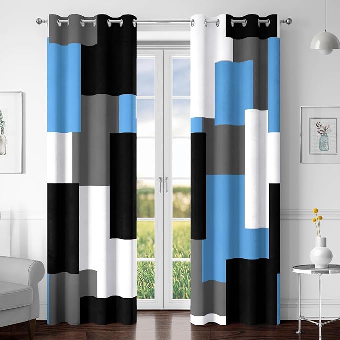 Light Blue 100% Blackout Curtains for Bedroom 63 inch Length 2 Panels Set White Grey Modern Abstract Geometric Black Out Curtains Insulated Room Darkening Window Drapes for Living Room, 52Wx63L