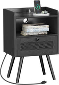 SUPERJARE Nightstand with Charging Station, Bedside Table with Texilene Surface Drawers, Rattan Side Table with Storage & Solid Wood Feet, End Table for Bedroom, All Black