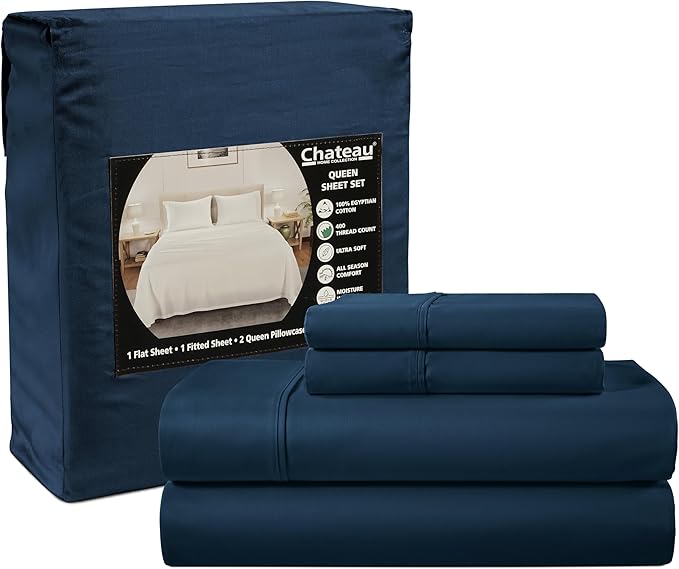 400 Thread Count Queen Size Sheets, 15" Deep Pocket Queen Sheets, Soft Sateen Weave, Naturally Cooling & Breathable Machine Washable 4 Piece Elasticated Sheet & Pillowcase Sets- Navy