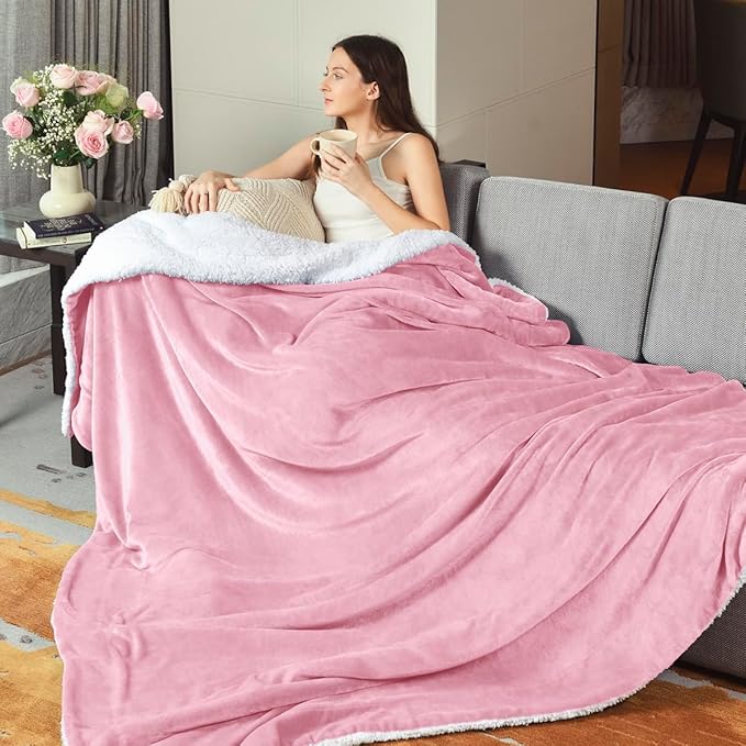 KAWAHOME Sherpa Fleece Throw Blanket for Bed - Extra Warm and Heavy Thick Throw Blankets for Winter, Super Soft 500GSM Plush Blanket, 50"X 60" Pink