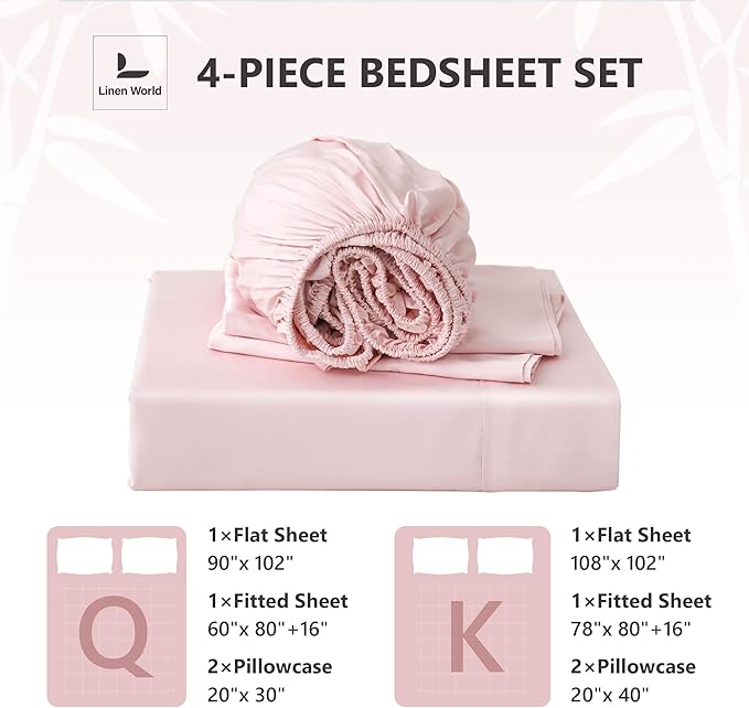 Linen World King Size 400TC Cooling Bed Sheet Set - 100% Organically Grown Viscose Sheets, Silky Soft & Breathable, Deep Pocket Fits Up to 16", 4-Piece Sheets with Pillowcases,Baby Pink