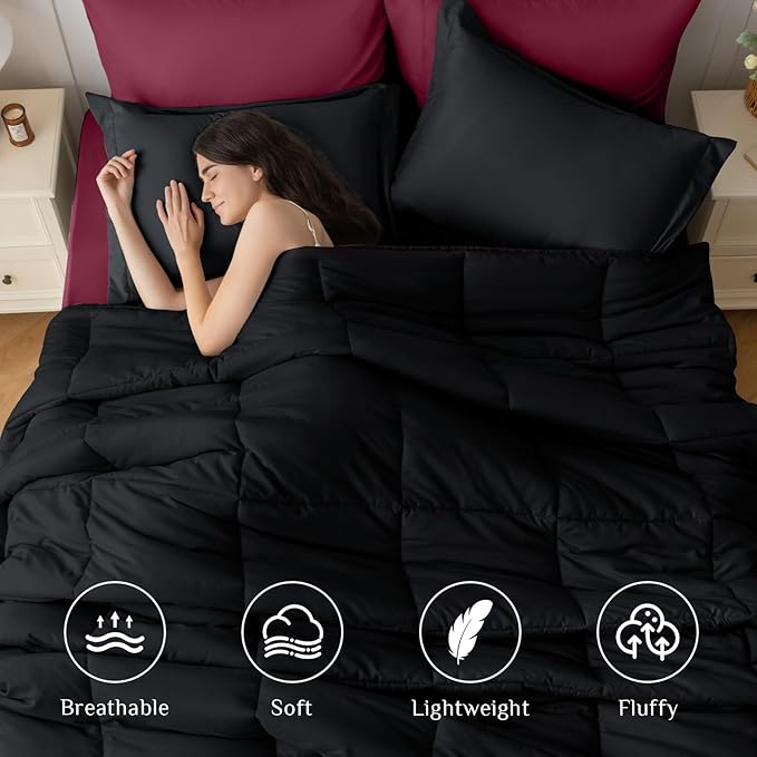 JOLLYVOGUE California King Comforter Set, Ultra-Soft Bed in a Bag Cal King Size 7 Pieces, Oeko-TEX Certified Bedding Set with Down Alternative Comforter, Sheets, Pillowcases & Shams, Burgundy & Black
