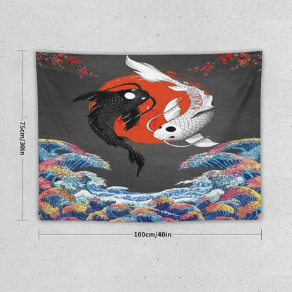 Houselerax Japanese Koi Fish Tapestries, Yin Yang Big Wave Cherry Blossom Tapestry Wall Hanging for Bedroom Living Room Office Decor 40"x30"