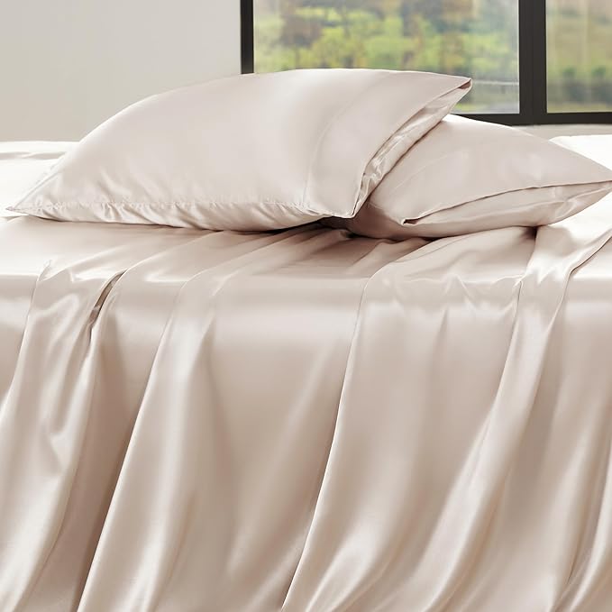 Bedsure Satin Sheets Queen Size - 4 Piece Silky Bedsheets with 15 Inches Deep Pocket Fitted Bedsheet,1 Flat Sheet, 2 Satin Pillowcases, Good for Hair & Skin (Queen, Beige)