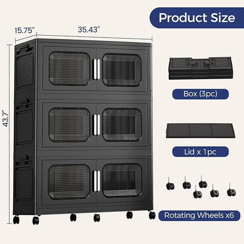 150 Gallon Extra Large Storage Bin with Lid and Wheels, Stackable Collapsible Plastic Storage Box with Door, Foldable Organizer for Closet, Kitchen, Office, Living Room, 3 Pack Black