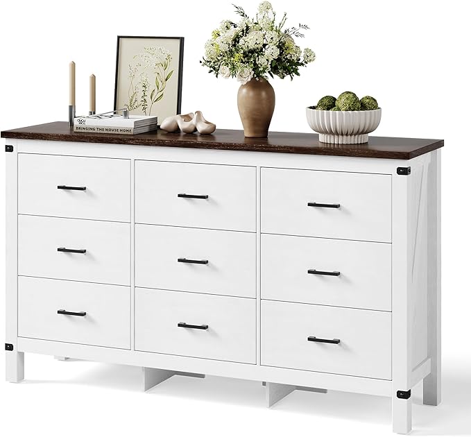 LINSY HOME Dresser for Bedroom with 9 Drawers, 59” Wide Chest with Deep Drawer, Modern Farmhouse Dresser TV Stand with Metal Handles, Wood Storage Cabinet for Closet, Living Room, Hallway, Off White
