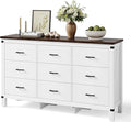 LINSY HOME Dresser for Bedroom with 9 Drawers, 59” Wide Chest with Deep Drawer, Modern Farmhouse Dresser TV Stand with Metal Handles, Wood Storage Cabinet for Closet, Living Room, Hallway, Off White