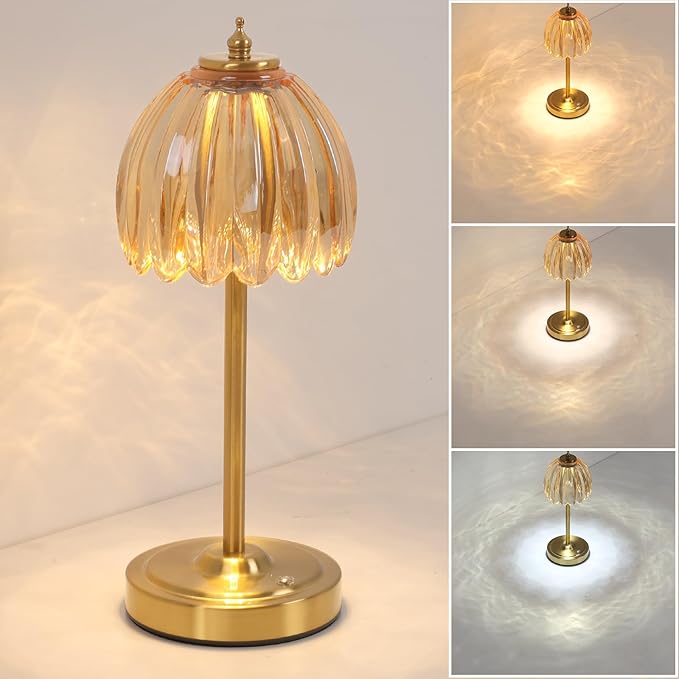 Tulip Table Lamp with 5000mAh Battery & Touch Control, Small Cordless Table Lamp with 3 Colors, Dimmable Rechargeable Battery Operated Table Lamps for Bedroom, Bedside, Desk (Amber Tulip)