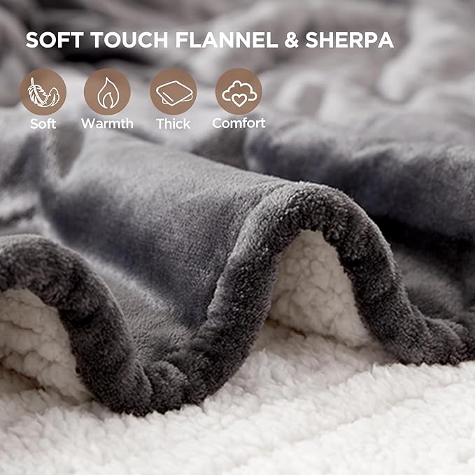 Westinghouse Heated Throw Blanket, Soft Flannel to Sherpa Electric Throw with 6 Heating Levels, 2-10 Hours Time Settings, Fast Heating, Machine Washable 50x60 Inch, Charcoal