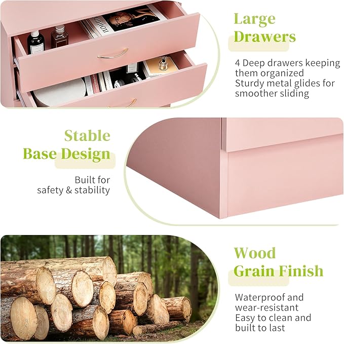 Karl home 4 Pink Drawer Dresser, Modern Chest of Drawers, Wood Bedside Table Night Table,Anti-Tipping Device, Rose Gold Metal Handle