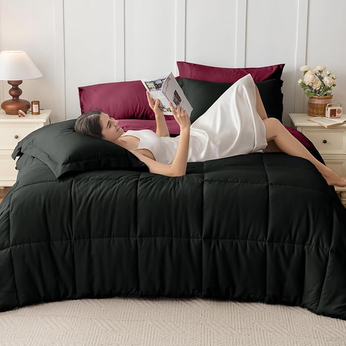 JOLLYVOGUE King Comforter Set, Ultra-Soft Bed in a Bag King Size 7 Pieces, Oeko-TEX Certified Bedding Set with Down Alternative Comforter, Sheets, Pillowcases & Shams, Burgundy & Black