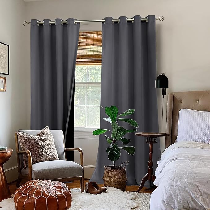 BGment 100% Blackout Curtains 108 Inch Long 2 Panles Set, Thermal Insulated Total Light Locking Soundproof Grommet Curtains & Drapes for Living Room with Black Liner, 52 Inch Wide Each, Dark Grey