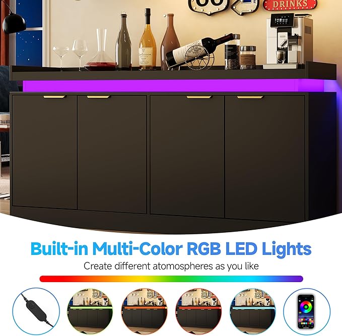 LED Sideboard Buffet Cabinet with Storage, 63'' Large Kitchen Buffet Cabinet Storage Cabinets with 4 Doors, Wood Coffee Bar Cabinets Buffet Table for Kitchen, Dining Room, Entryway