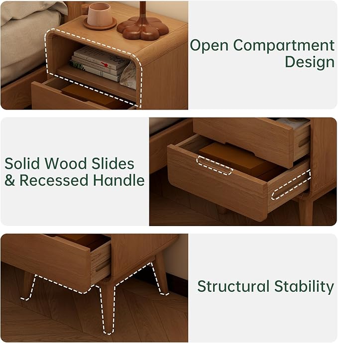 Solid Wood Nightstand Set of 2, Mid Century Modern Nightstand with Drawers, Natural Wood Nightstand with Storage, Wooden Night Stand, Small Nightstands, Bedside Table for Bedroom(23.23" H)