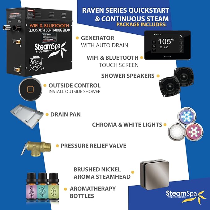 SteamSpa Steam System 9kW Steam Shower Generator with Bluetooth Wifi, Quickstart Continous Steam, Advanced Touch Pad Screen, Chroma Lights, Drain Pan and Auto Drain Brushed Nickel RVBS900BN-A