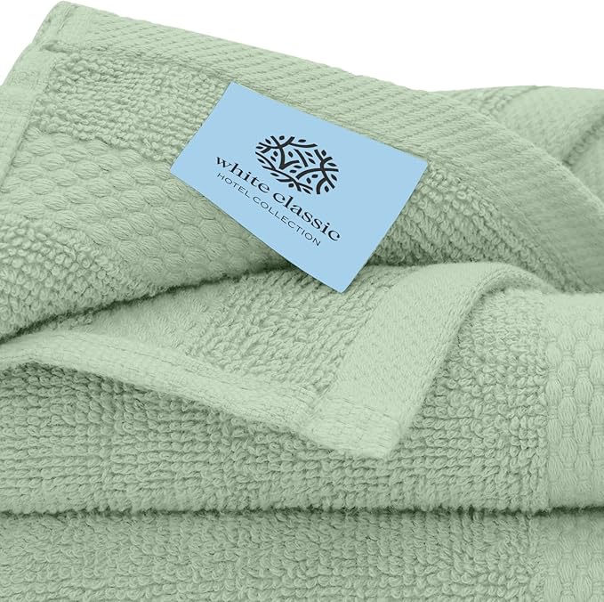 White Classic Luxury Cotton Washcloths 13x13 Inch - 650 GSM Turkish Cotton | Hotel, Spa, Bathroom Face Towel | 12 Pack, Light Green