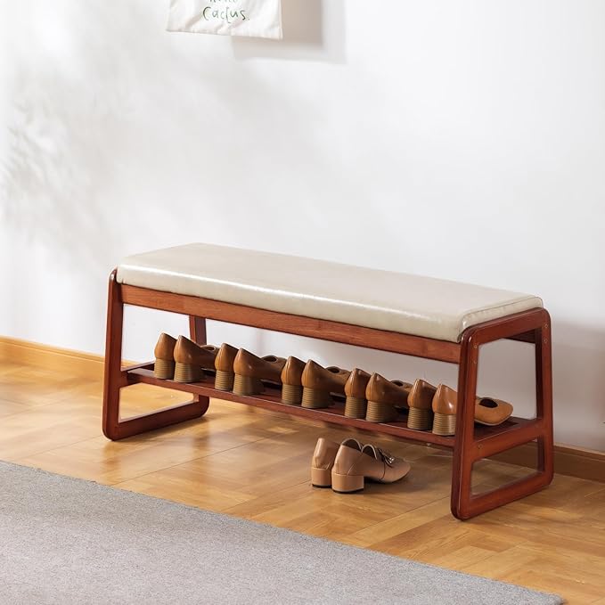 Solid Wood Shoe Bench, 2-Tier Wooden Entryway Bench, Modern Shoe Rack with Faux Leather Cushion for Hallway, Living Room (Gray, 39.4'')