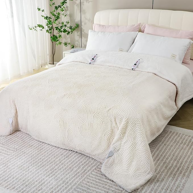 Heated Blanket King Size - 100"x90" Cozy Soft Jacquard Heating Blanket with 4 Heat Levels & 10 Hours Auto-Off, Jacquard Fleece, Overheating Protection, Warm Gifts, Cream