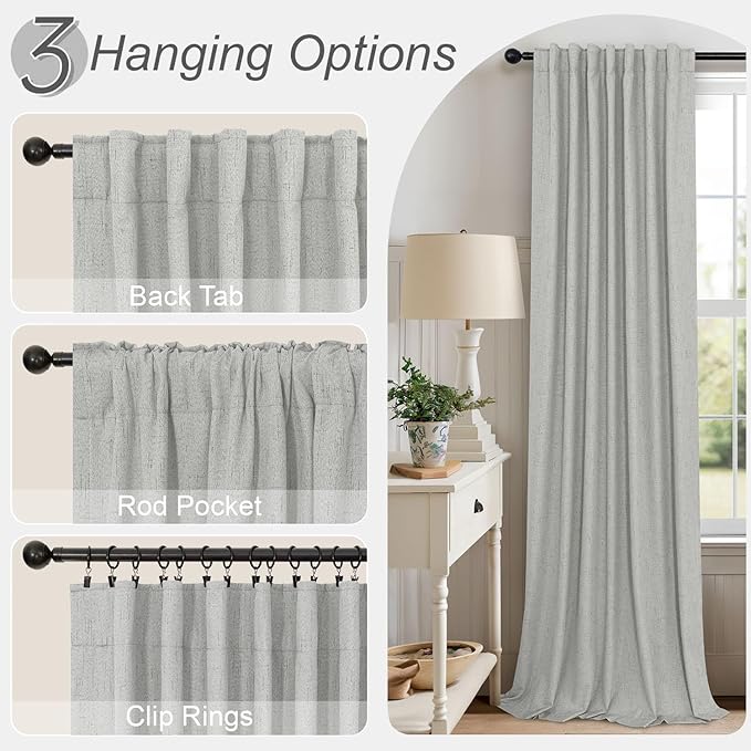 Pitalk 63 Inch Length Curtains for Living Room Black Out 2 Panel Faux Linen Rustic Country Farmhouse Style Room Darkening Light Gray Blackout Curtains for Bedroom Dove Grey 52 x 63 Inches Long