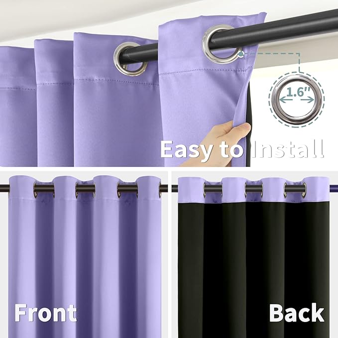 BGment Short 100% Blackout Curtains for Bedroom, Thermal Insulated Energy Efficiency Noise Reducing Grommet Curtains 45 Inch Length with Liner for Small Window 2 Panels Each 52 Inch Wide, Lavender