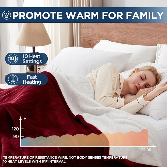 Westinghouse Electric Blanket Queen, Heated Blanket Queen Size with 10 Heating Levels and 1 to 12 Hours Heating Time Settings, Flannel to Sherpa Reversible, Machine Washable (84" x 90", Red)