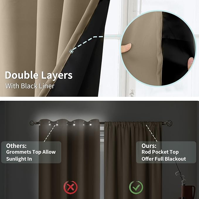 BGment 100% Blackout Curtains for Bedroom 63 Inch Length 2 Panels, Thermal Insulated Room Darkening Curtains Rod Pocket Soundproof Bedroom Living Room Window Curtains, Sand, Each 42 Inch Wide