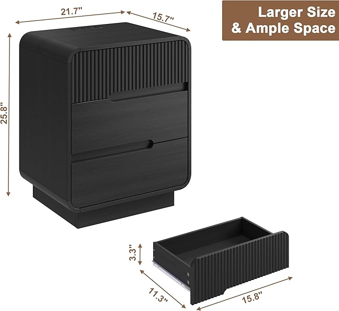 8 Drawer Dresser and 2 Nightstand Sets for Bedroom 3 Pcs Bedroom Set, Modern 39.4" Fluted Dresser with Invisible Handles Nightstand Charging Station, Bedroom Furniture Set for Living Room, Black