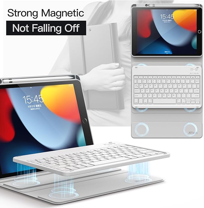 JETech Keyboard Case for iPad 10.2-Inch (2021/2020/2019 Model, 9th/8th/7th Generation) with Pencil Holder, Magnetic Detachable Bluetooth Wireless Keyboard, Soft TPU Back Stand Cover (Silver)