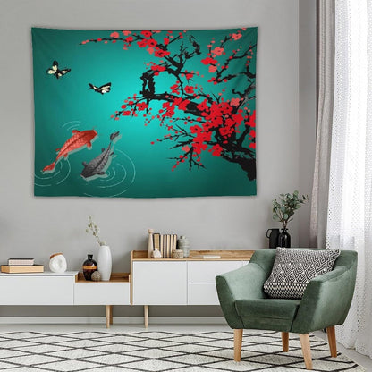 Houselerax Japanese Koi Fish Tapestry, Cherry Blossoms Asian Oriental Green Teal Floral Branch Koi Fish Carp Tapestries Wall Hanging for Bedroom Living Room Office Decor 80"x60"