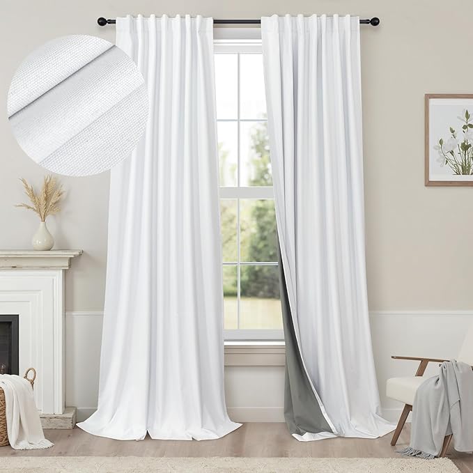 Blackout Curtains 108 Inch Long 2 Panels Burg Sound Curtains Noise Reducing Heavy Drapes 108 Inches Length Faux Linen Farmhouse Floor to Ceiling Curtain for Living Room Office Back Tab 9 ft Tall White