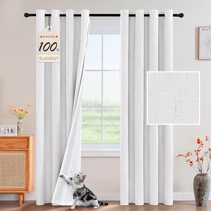 PrinceDeco 100% Blackout Curtains Nature Linen Blended 84 Inch Long Room Darkening Solid Black Out Curtains for Living Room Thermal Insulated Nickel Grommet 2 Panels Set - Heathered White