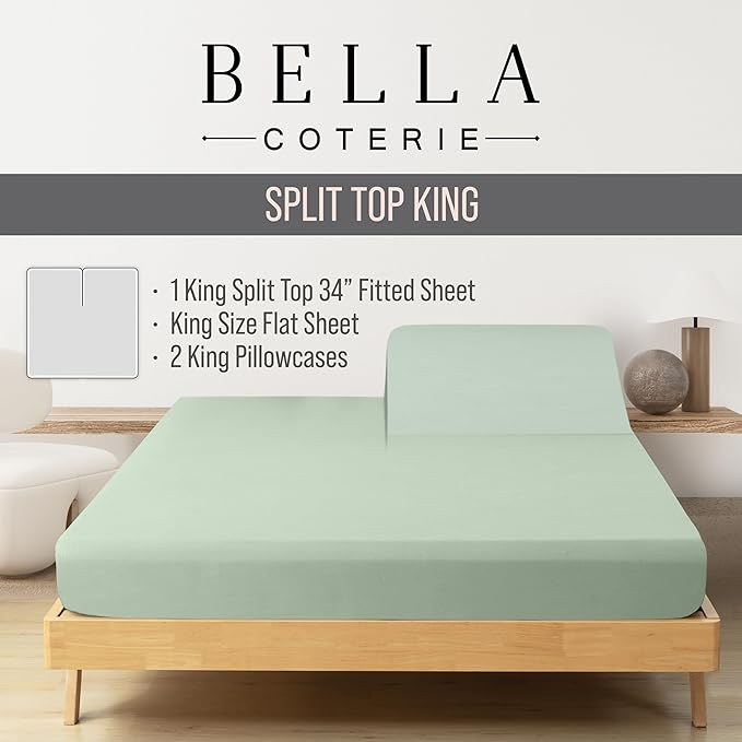 Bella Coterie Luxury Bamboo Viscose 34” Split Top King Size Sheet Set | 1 Fitted Sheet for Sleep Number & Adjustable Beds | 100% Organically Grown | Cooling & Soft | 18” Deep Pocket [Sea Glass]