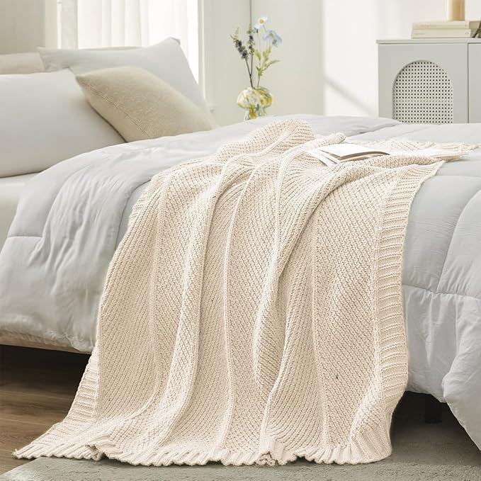 Amélie Home Chevron Chenille Knit Throw Blanket for Couch, Cozy Texture Decorative Soft Blanket for Sofa & Chair, 60"x80", Ivory